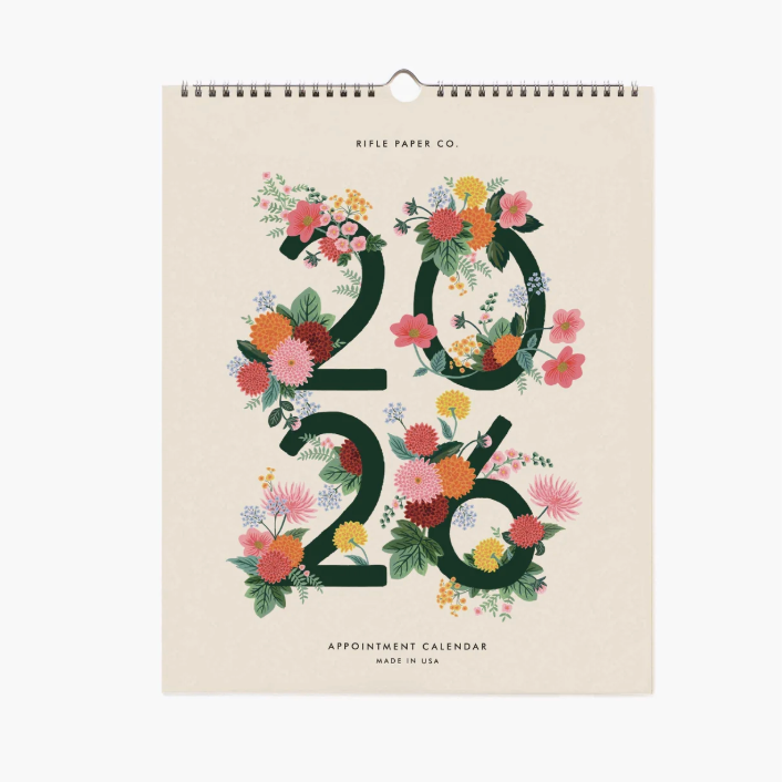 Floral design calendar for 2026 with 'Rifle Paper Co.' branding on a beige background