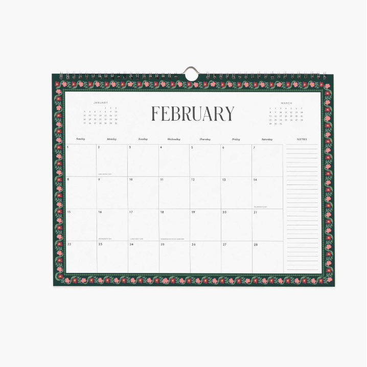 February calendar with decorative border on a white background