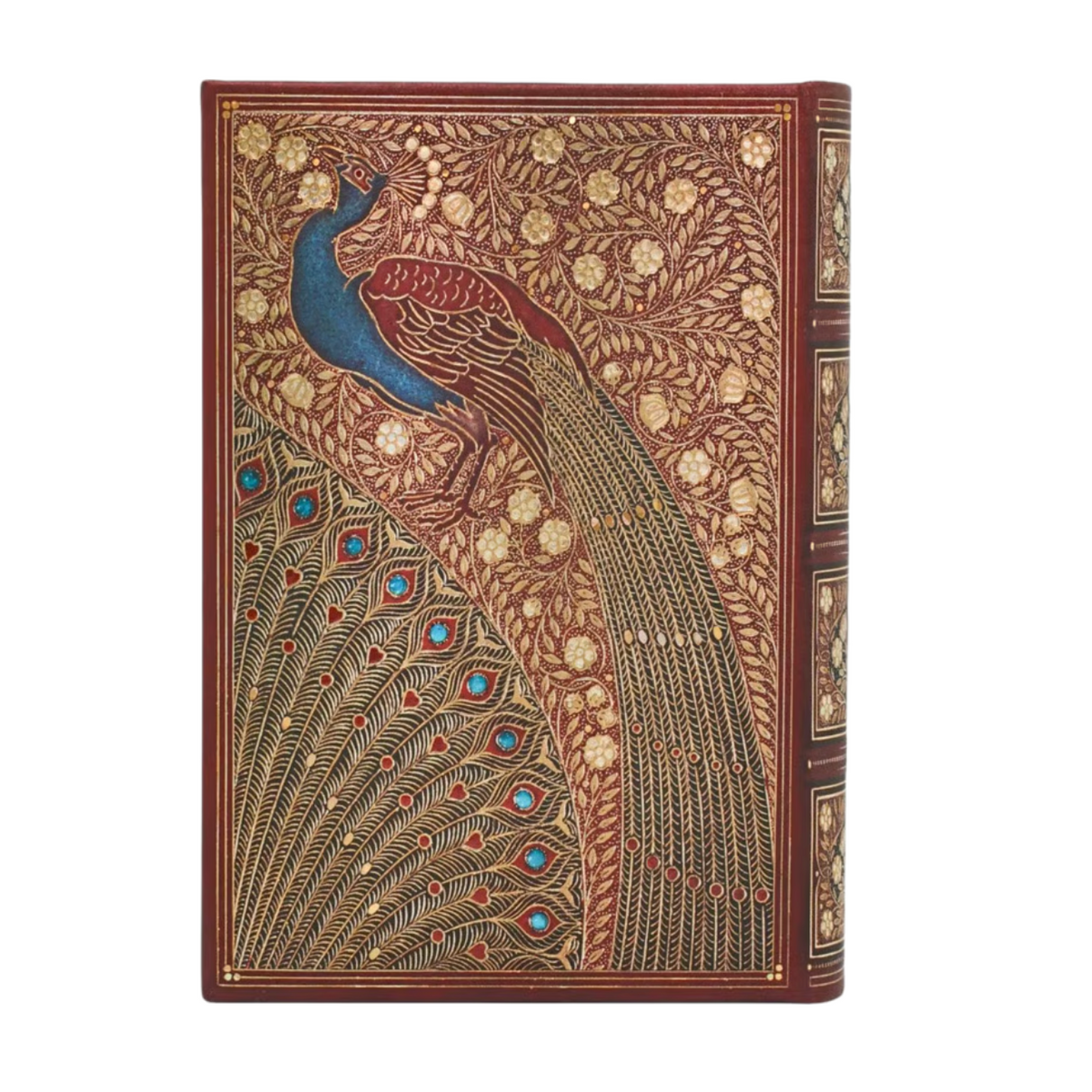 A decorative planner featuring an embossed peacock and floral pattern on the front cover, with a matching patterned spine, shown against a plain white background.