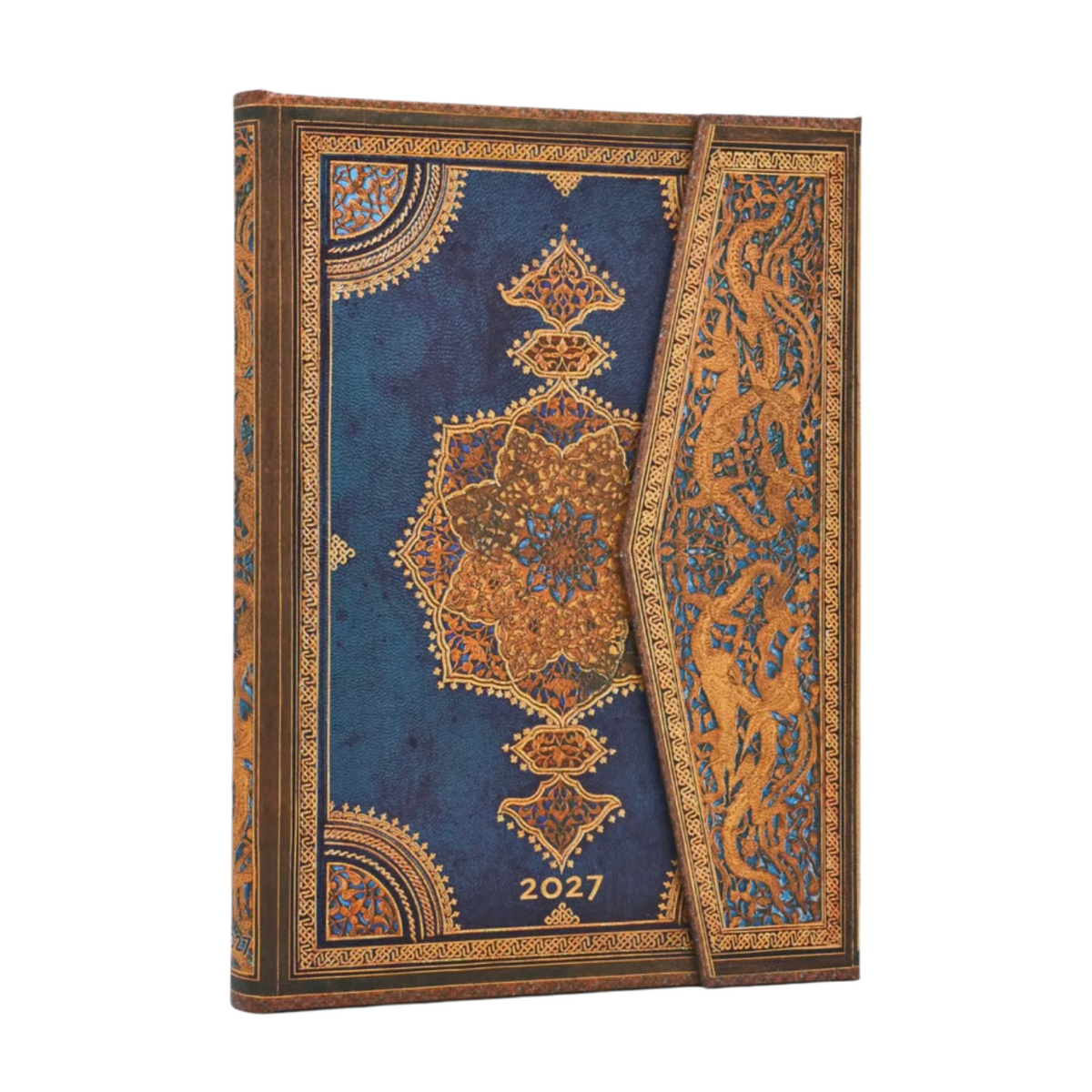 A 2027 desk calendar with an ornate, traditional Persian-style cover. The cover features a deep blue background decorated with intricate gold and brown geometric medallions, a matching patterned spine, and a brown elastic closure strap.