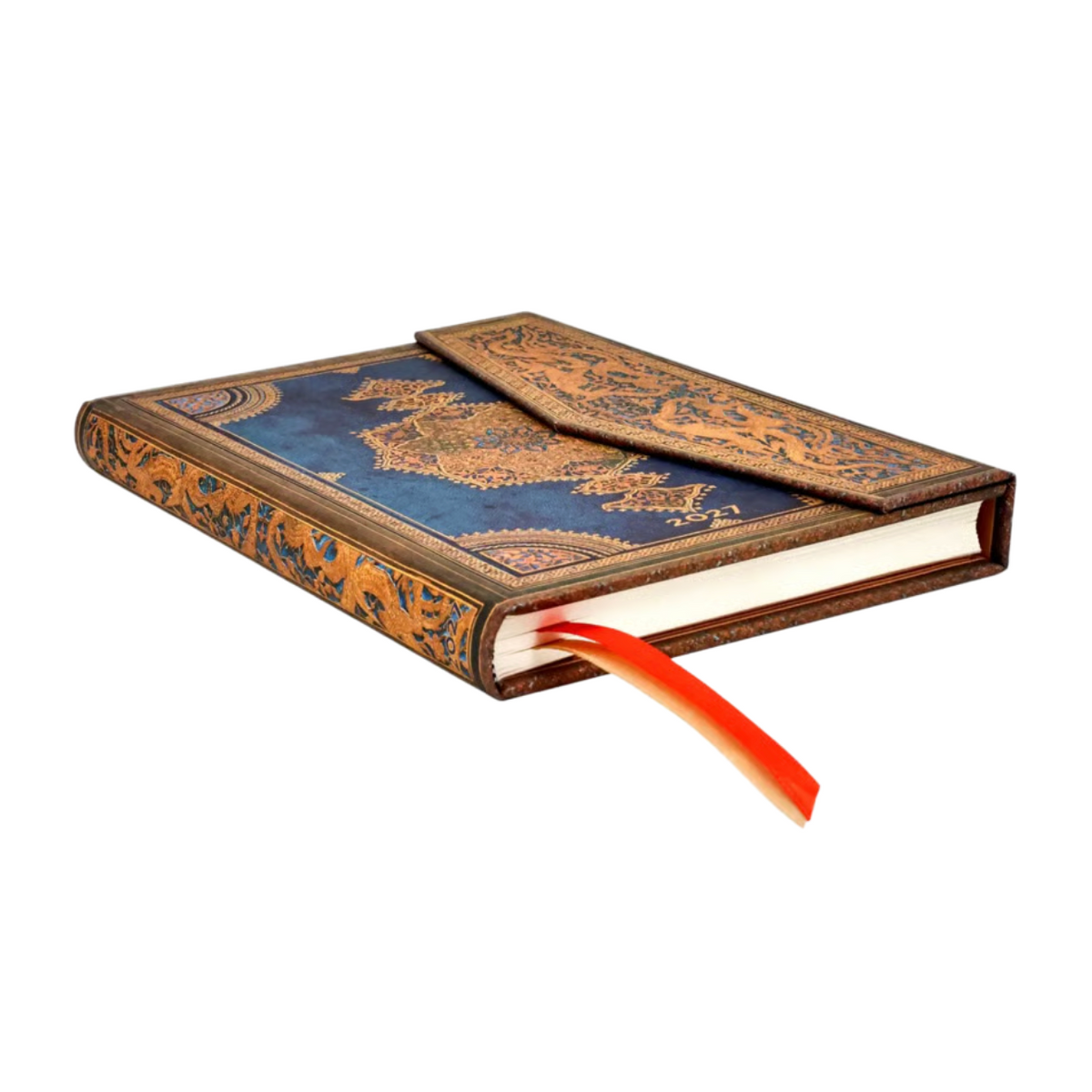 An ornate hardcover journal or book with a blue and gold patterned cover, a matching flap closure, and a bright red ribbon bookmark, shown on a plain white background.