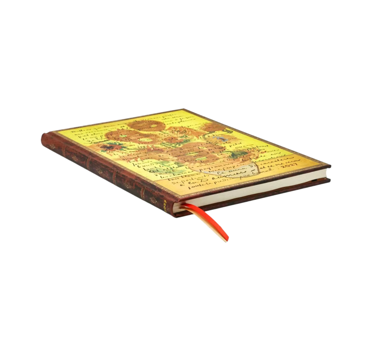 A 2027 planner with an illustrated yellow cover, brown spine, and a red ribbon bookmark, shown on a plain white background.