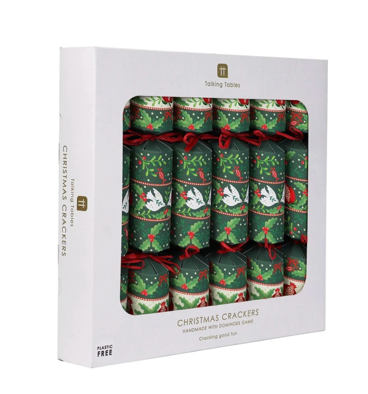 Box of Christmas crackers with festive design on a white background