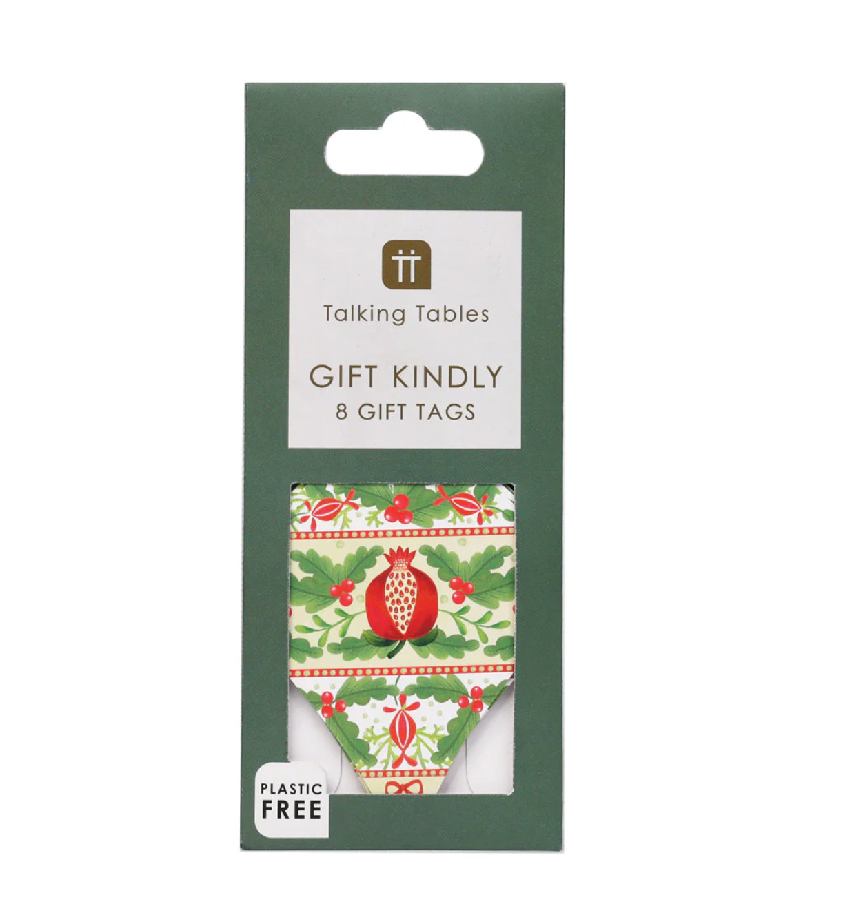 Pack of gift tags with a pomegranate design on a green card, featuring the brand 'Talking Tables'.