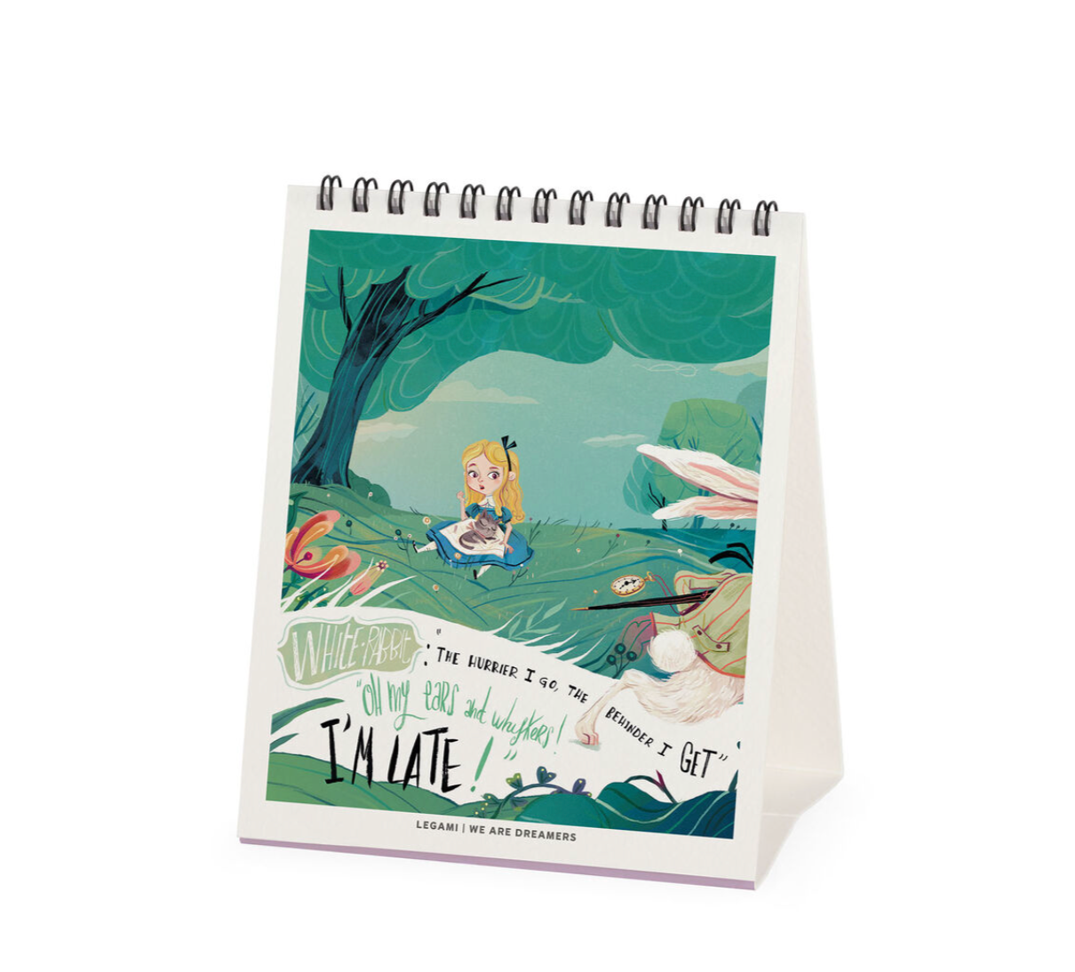 Desk calendar with Alice in Wonderland design on a white background