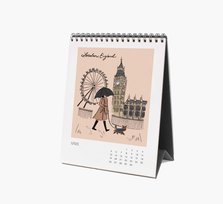 Desk calendar with illustrations of London landmarks on a white background