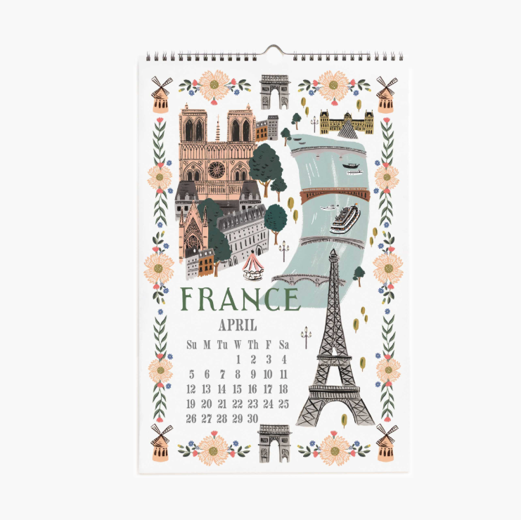 Calendar for April featuring illustrations of French landmarks on a white background