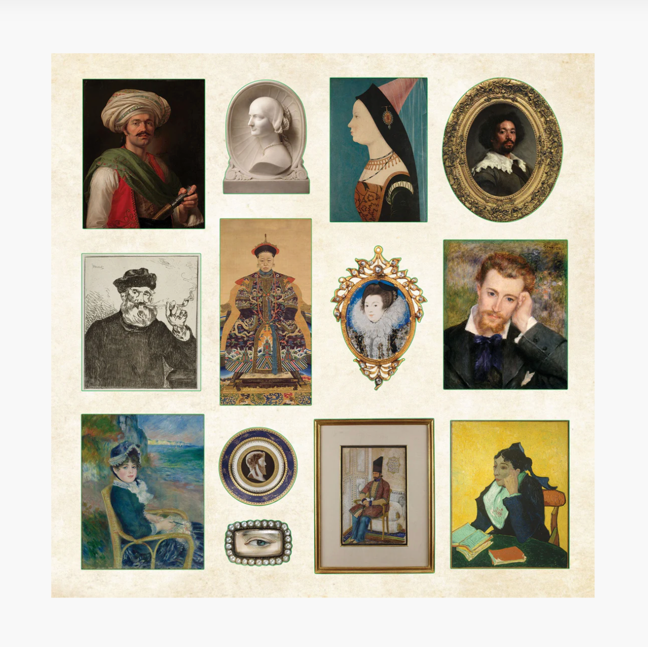 Collection of various portraits and decorative frames on a beige background