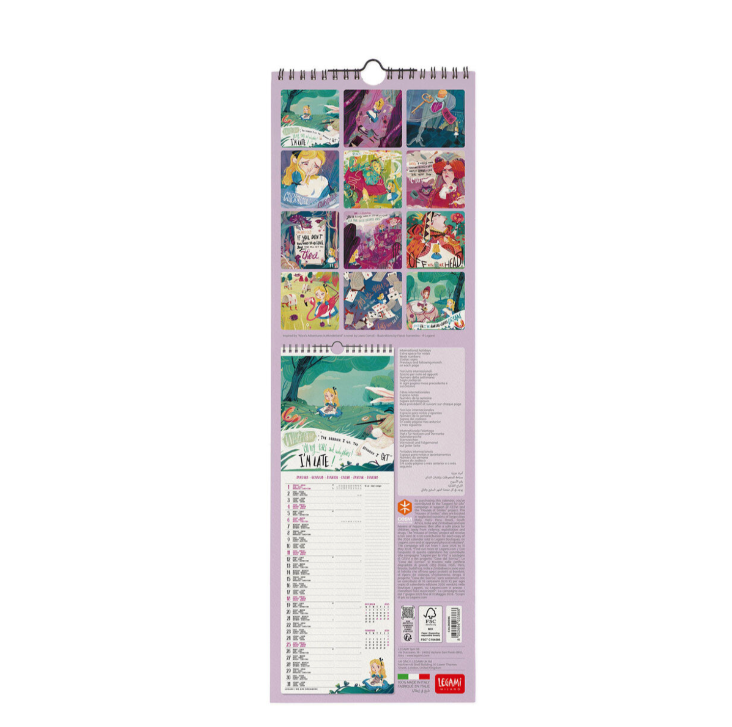 Wall calendar with colorful illustrations on a white background