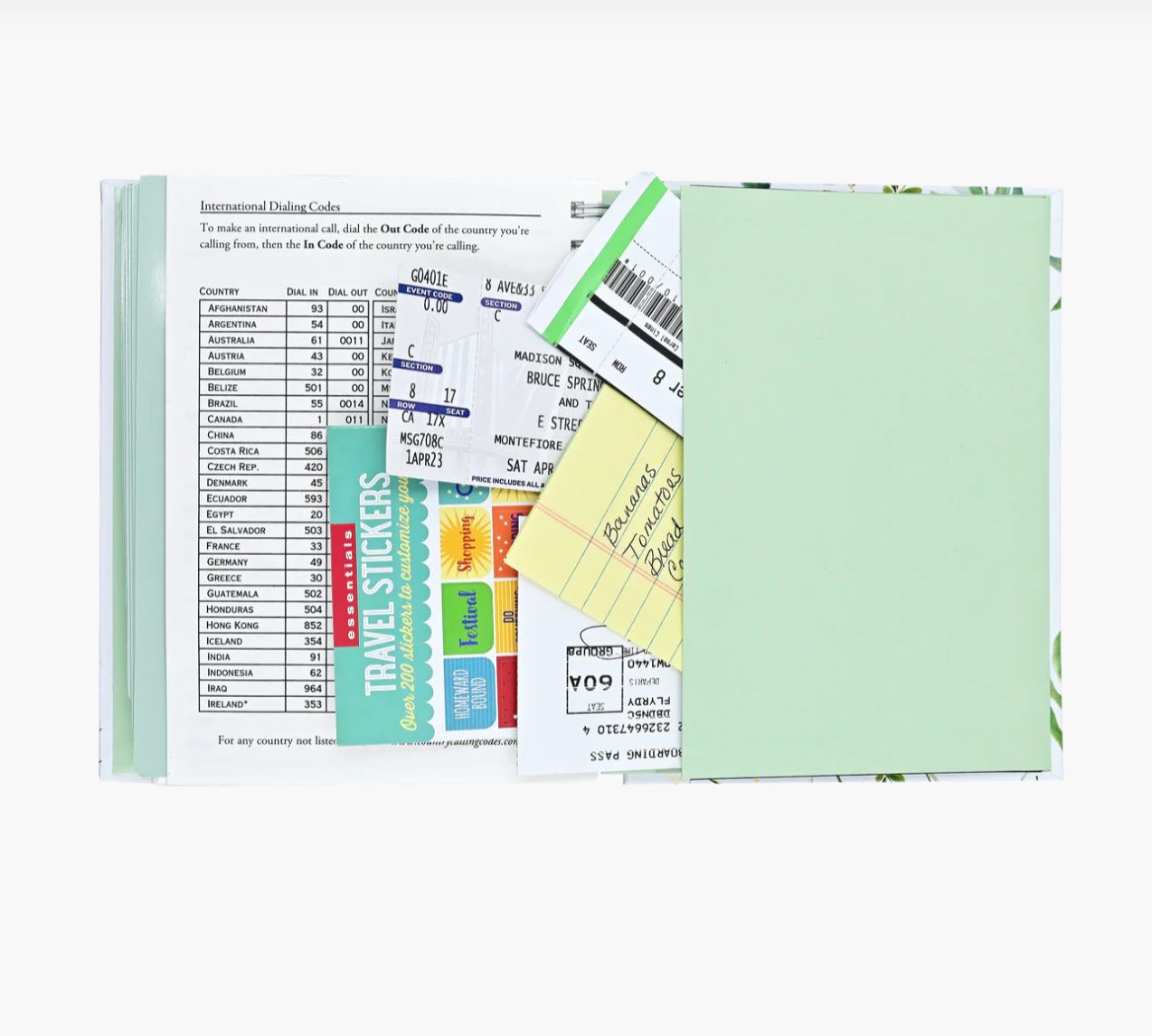 Open notebook with various stickers and labels on a white background