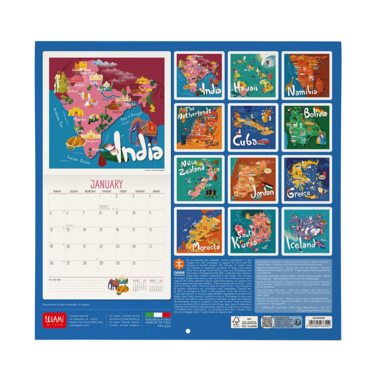 Calendar with colorful world map designs on a white background