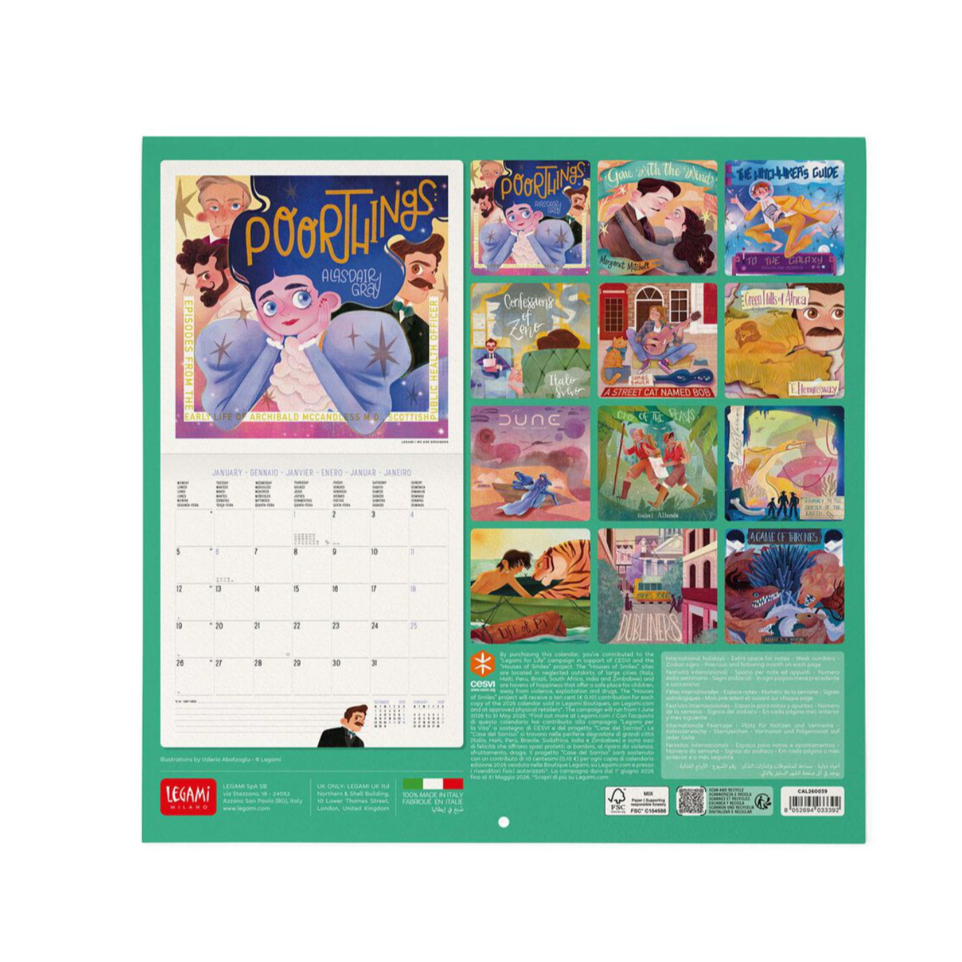 Calendar with animated character illustrations on a green background