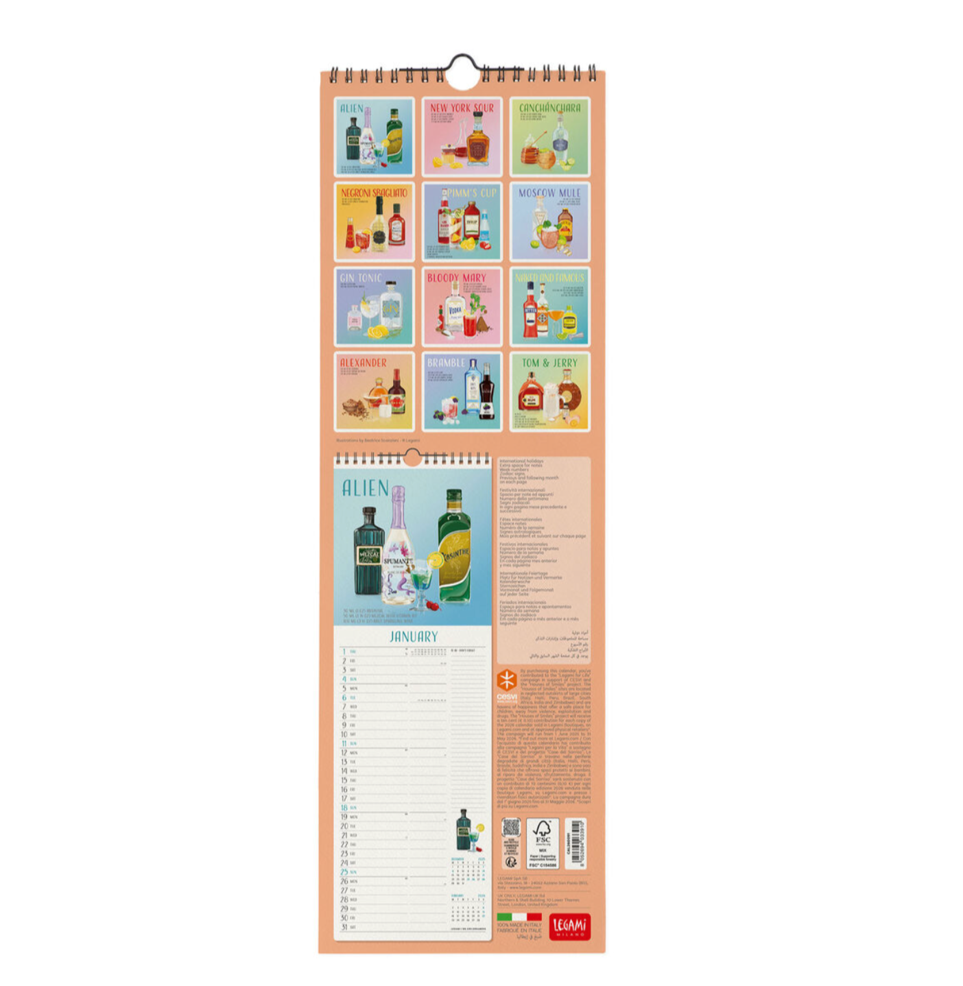 Wall calendar with colorful bottle illustrations on a white background