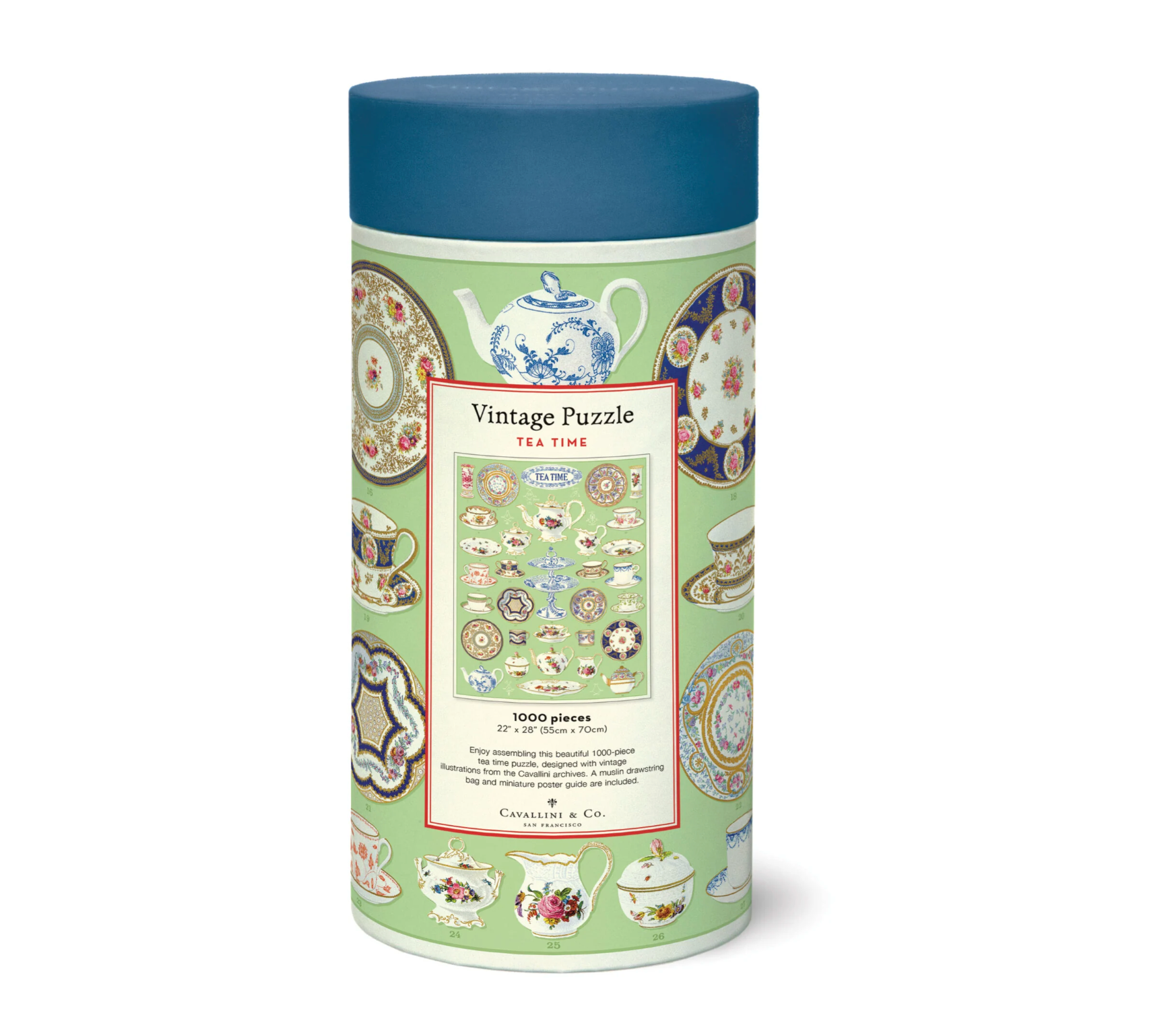 Jigsaw puzzle canister with vintage tea-themed design on a white background