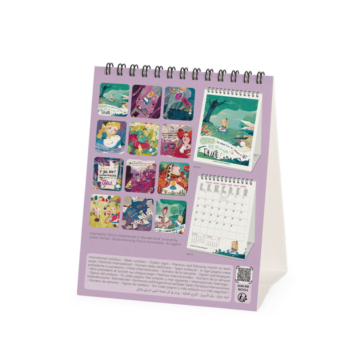 Small calendar with cartoon illustrations on a white background
