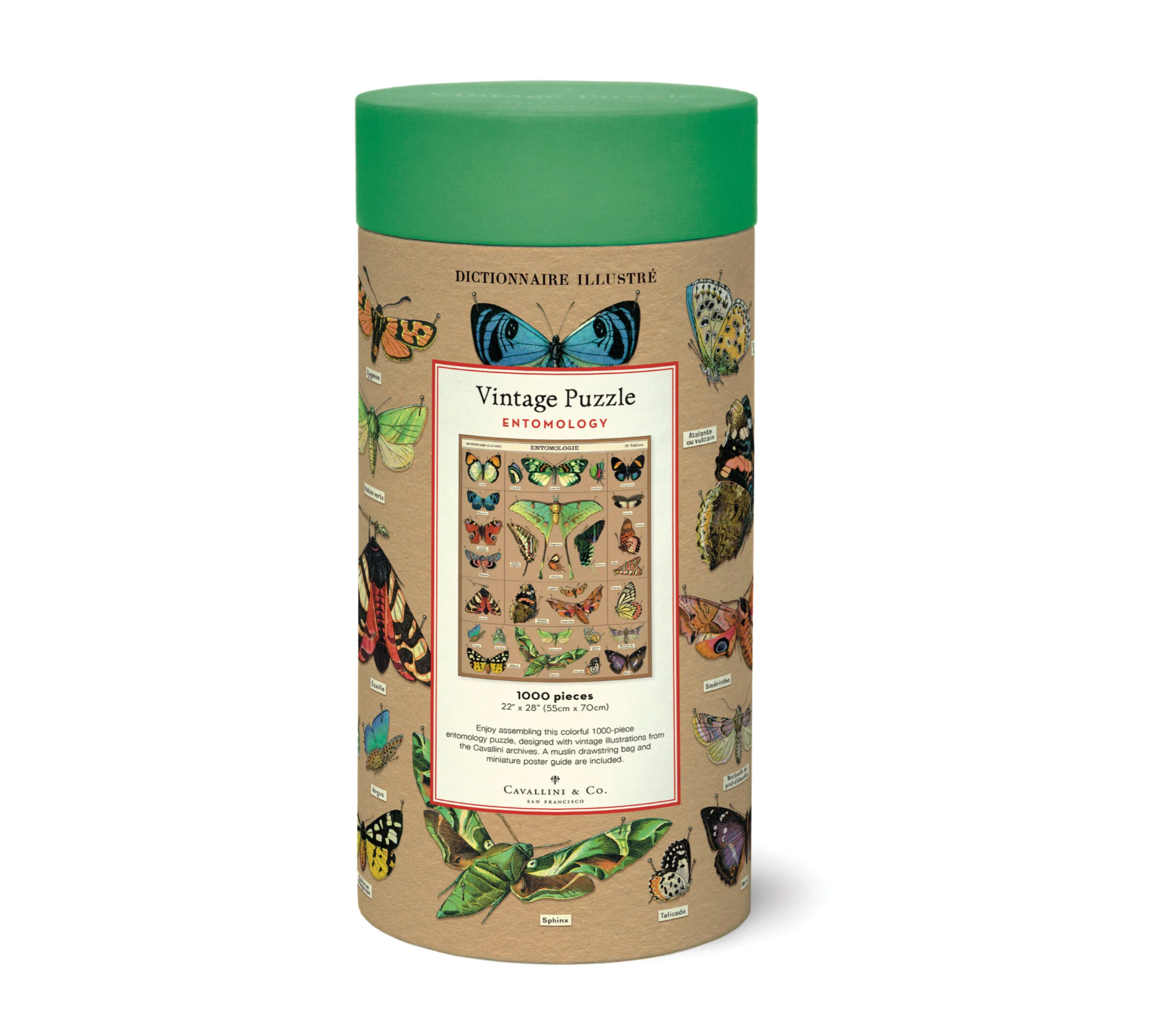 Jigsaw puzzle box with butterfly illustrations on a beige background