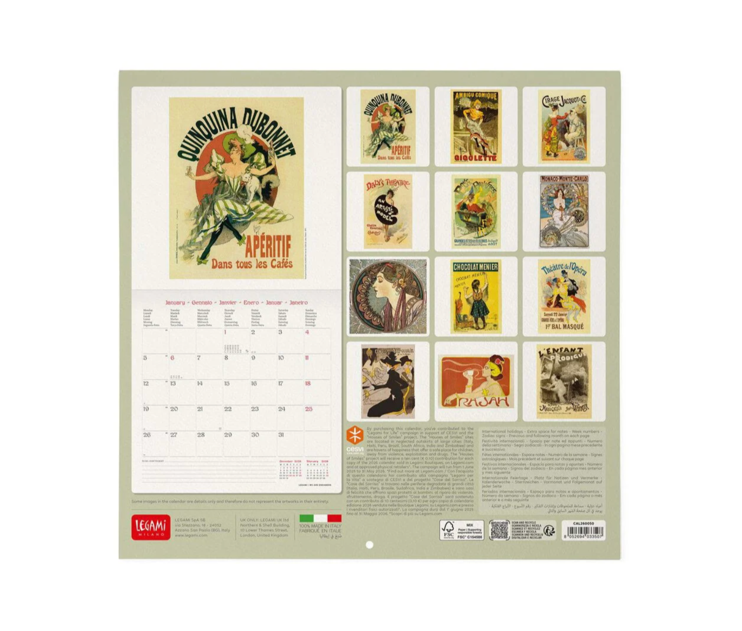 Calendar with vintage-style posters on a light green background