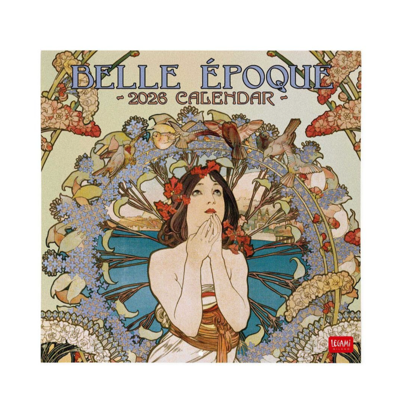 Belle Epoque 2026 calendar with decorative design and woman's portrait.