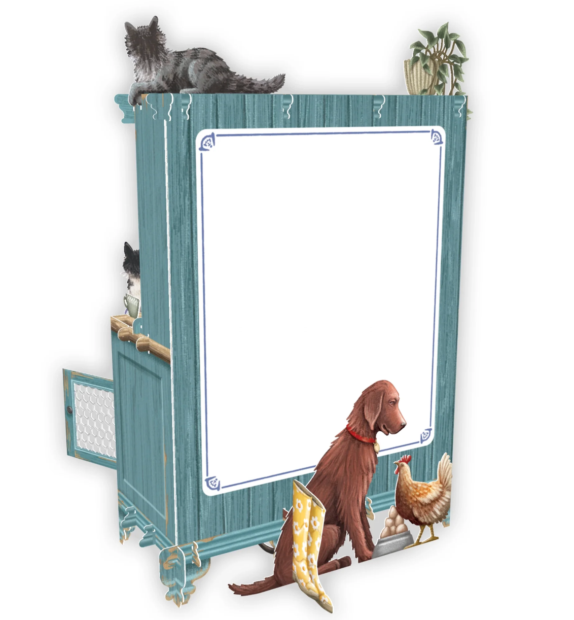 Decorative mirror with a dog, cat, and chicken design on a white background