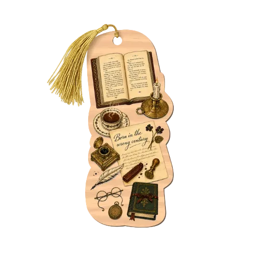 A decorative bookmark shaped like a vintage book cover, featuring a gold tassel at the top and printed illustrations of an open book, inkwell, spectacles, a quill, a candle, a small book, and a feather pen on a pale beige background.