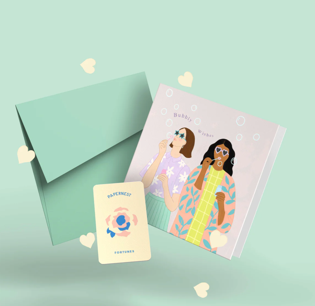 Greeting card with illustrations on a light green background