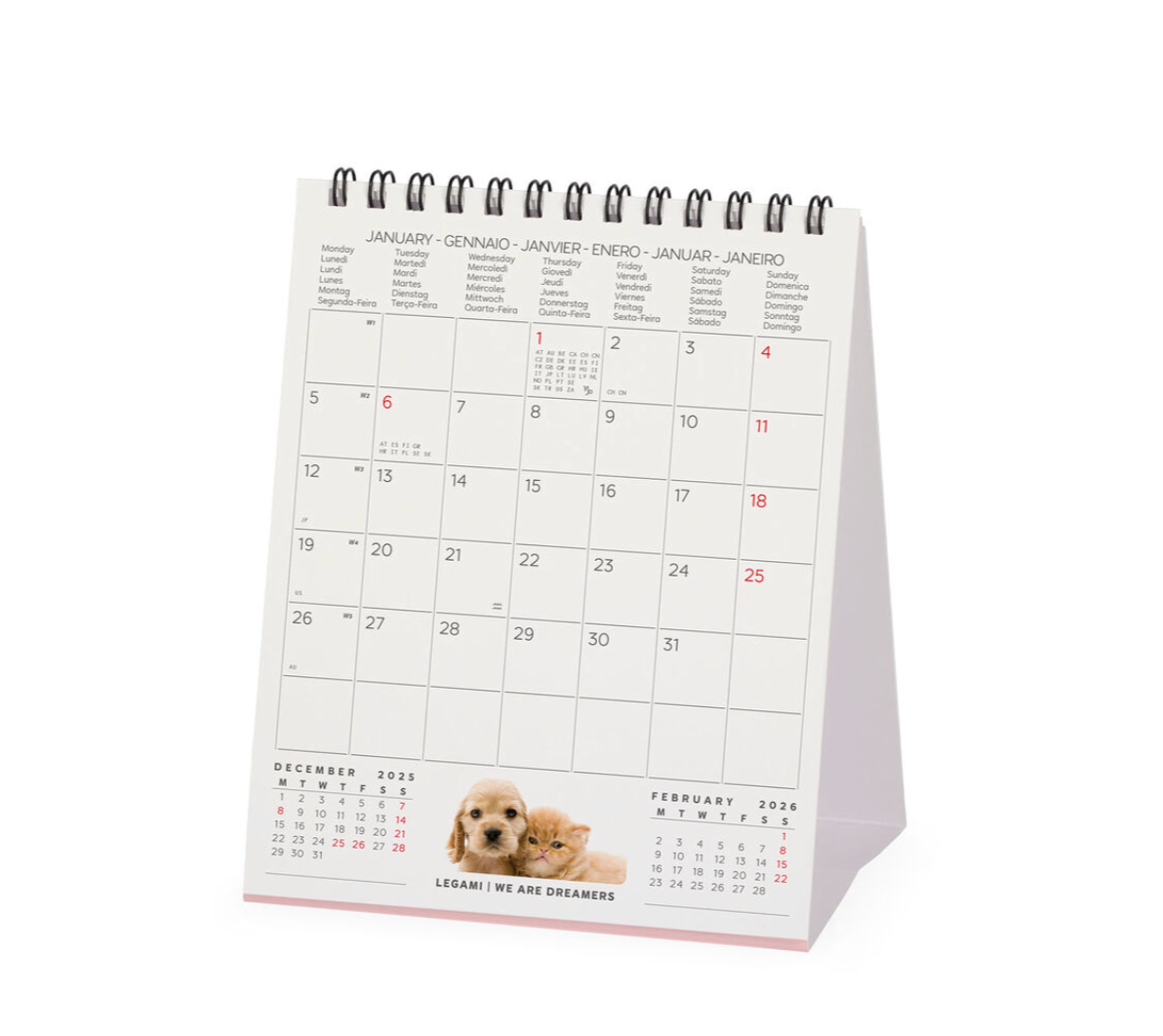 Desk calendar with a dog-themed cover on a white background