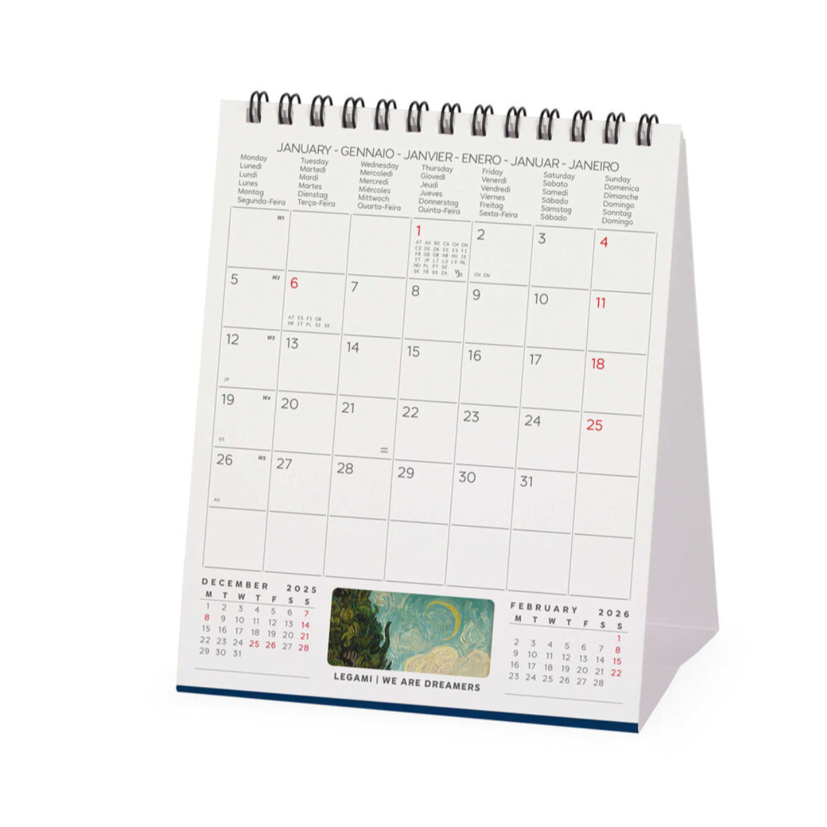 Desk calendar with a minimalist design on a white background