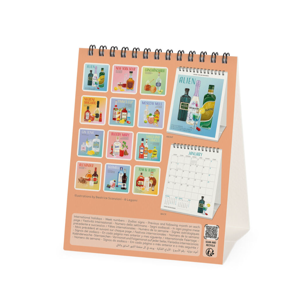 Desk calendar with bottle illustrations on a white background