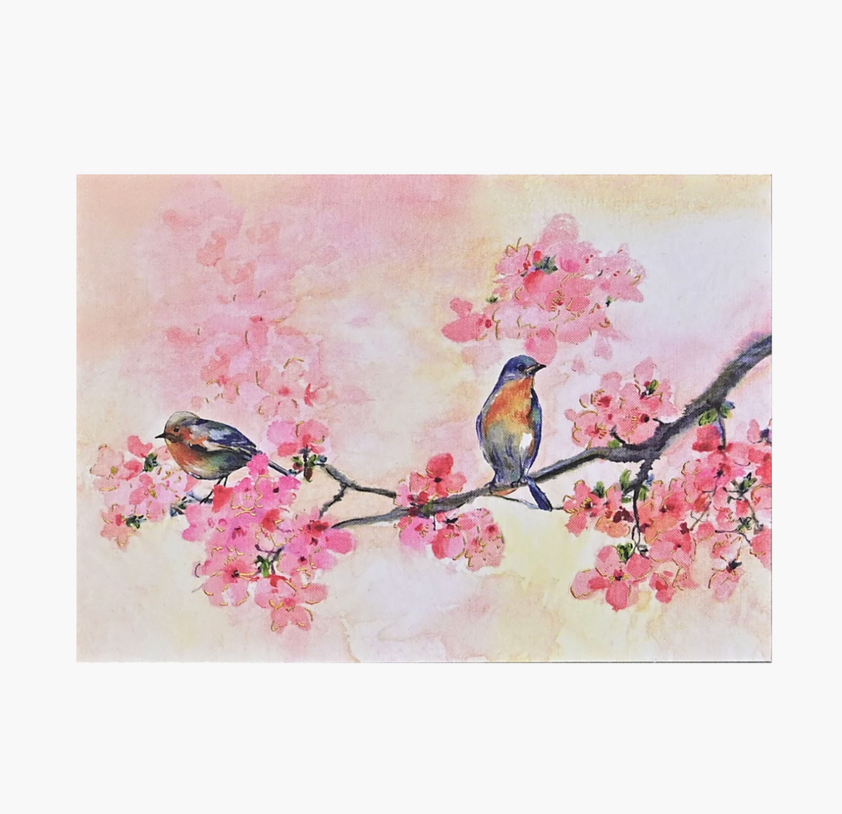 A watercolor-style art print depicting two small birds perched on a flowering branch with pink blossoms against a soft pastel background.