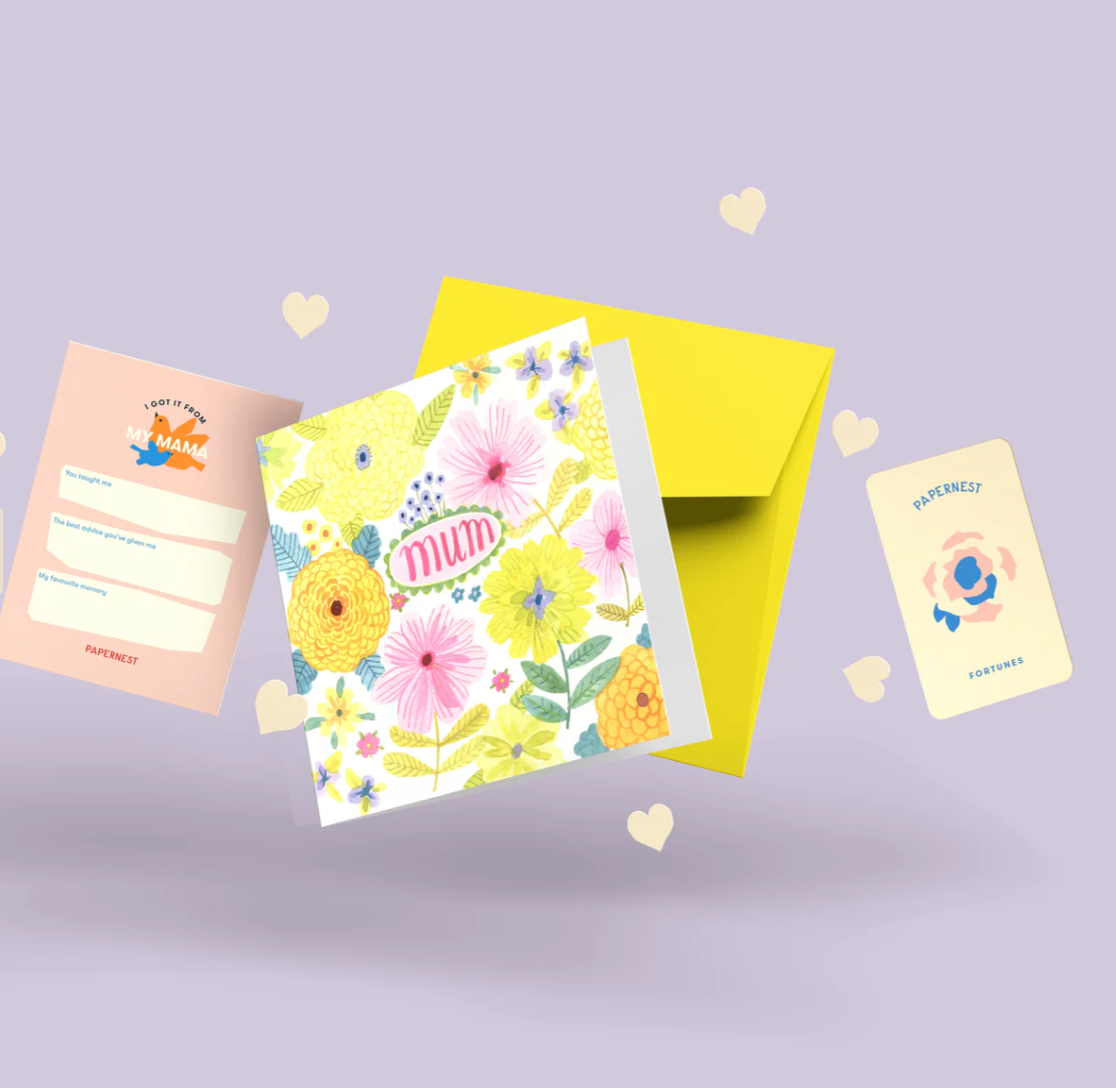 Floral card with 'Mum' on a yellow envelope against a light purple background