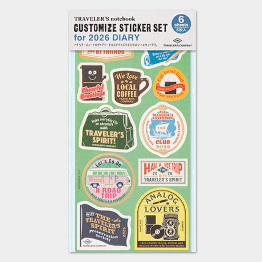 Packaging of a customizable sticker set for 2026 diary with various designs on a white background.
