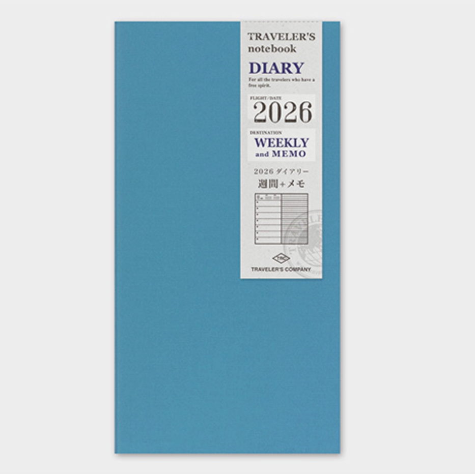 Blue notebook with a label indicating '2026 Diary' on a white background