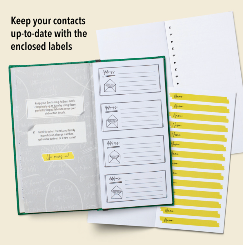 Address book with labeled contact pages and a yellow striped page on a light background