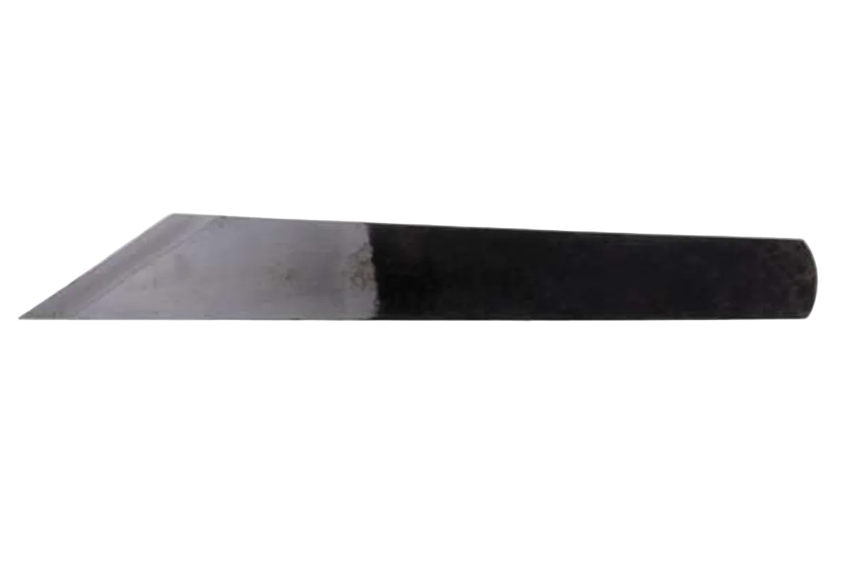 A metal knife blade or cutting edge shown horizontally against a plain white background.