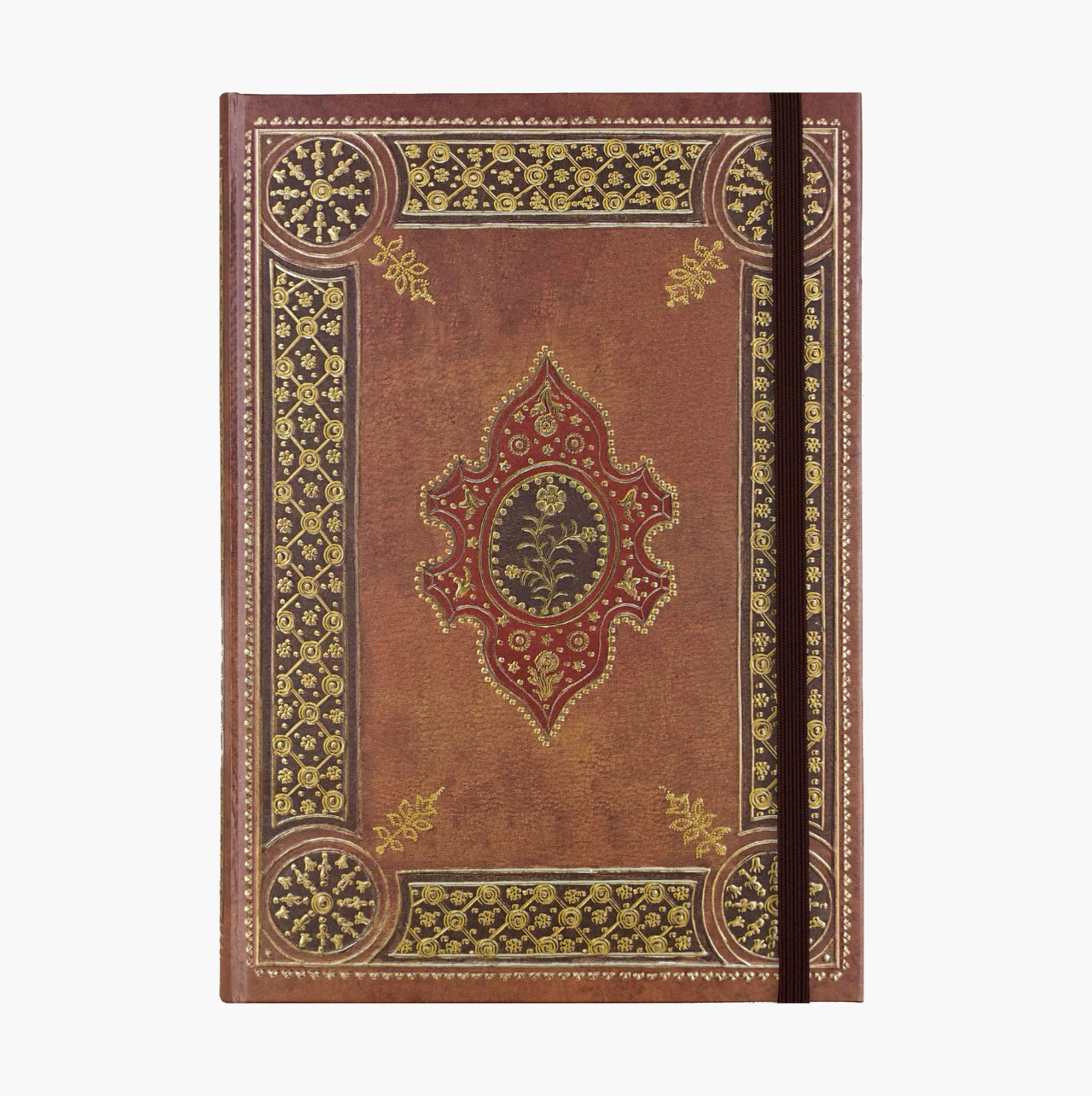 Decorative brown book with gold embellishments on a white background
