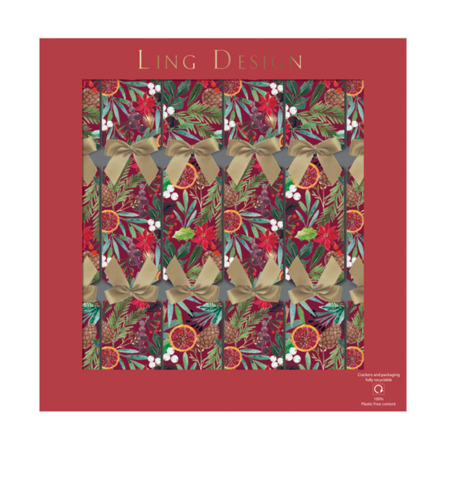 Packaging of Ling Design with decorative design and ribbons on a red background