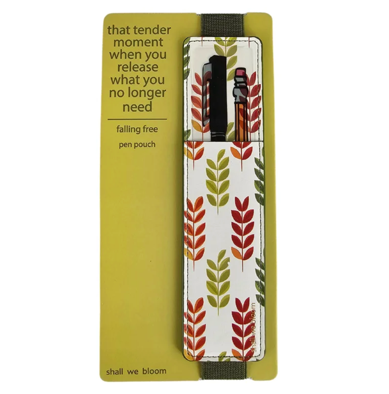 A floral-patterned pen pouch with two pens inside, mounted on a yellow-green backing card with printed text. The pouch has a white background with red, orange, and green leaf motifs, and dark elastic bands at the top and bottom.