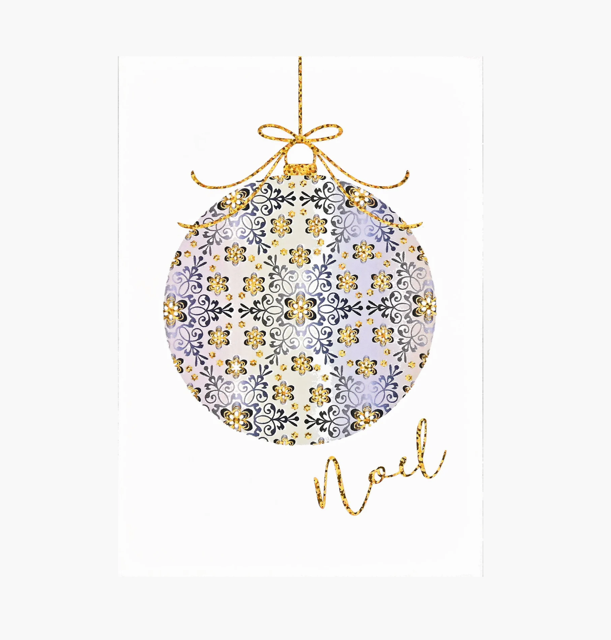Decorative Christmas ornament with floral pattern and 'Noel' text on a white background