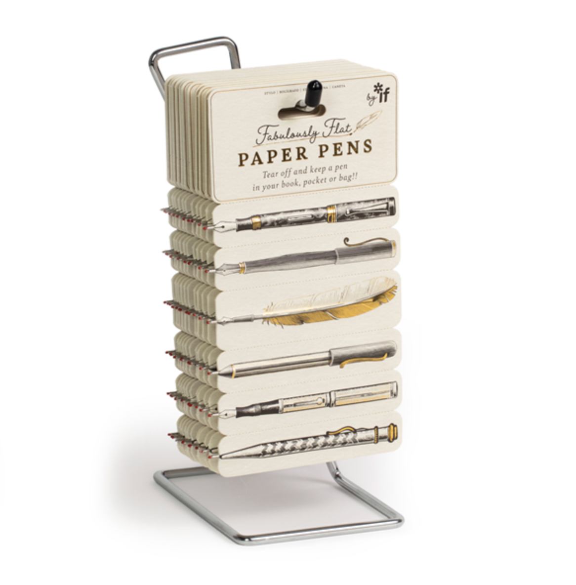 Display of paper pens with a stand on a white background