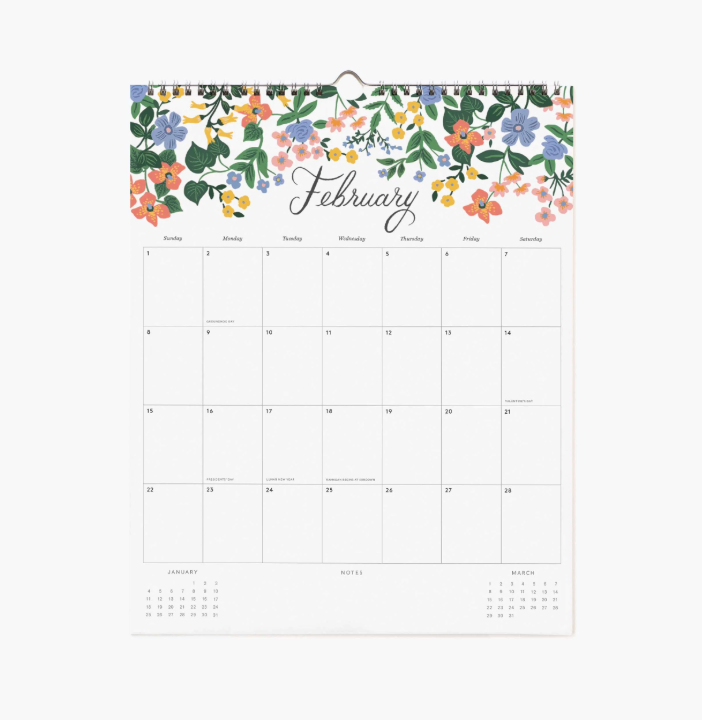 Floral-themed February calendar on a white background