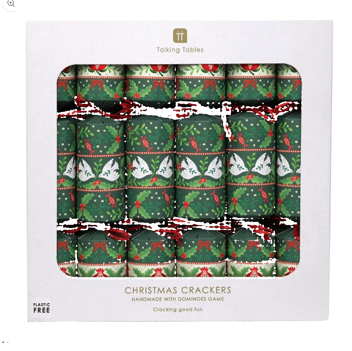 Box of Christmas crackers with festive designs on a white background