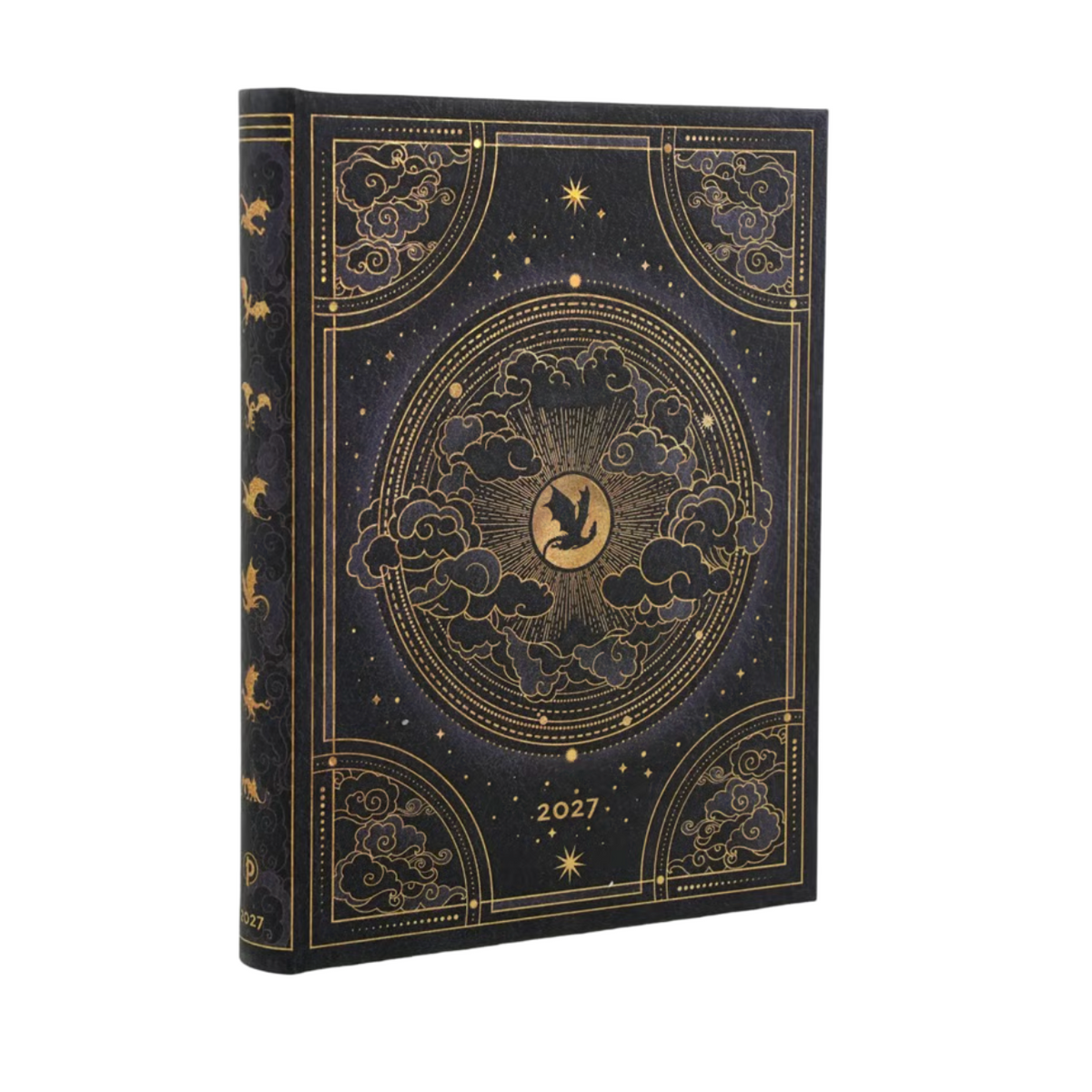 A hardcover 2027 planner with an ornate celestial design in black and gold, featuring a central moon and bird motif, photographed on a clean white background.