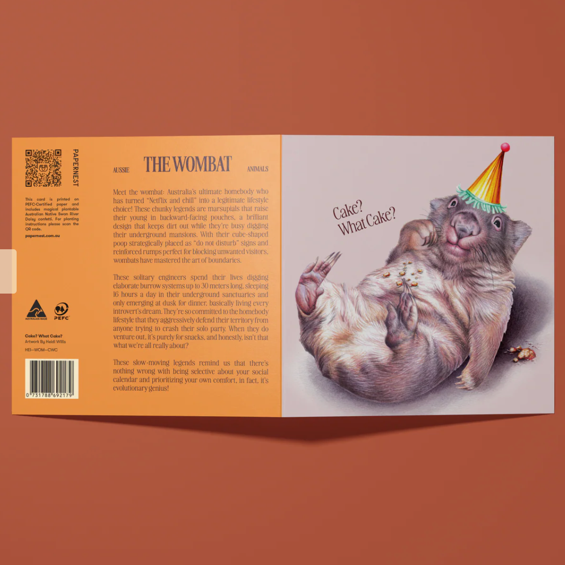 Card with a wombat wearing a party hat on a brown background