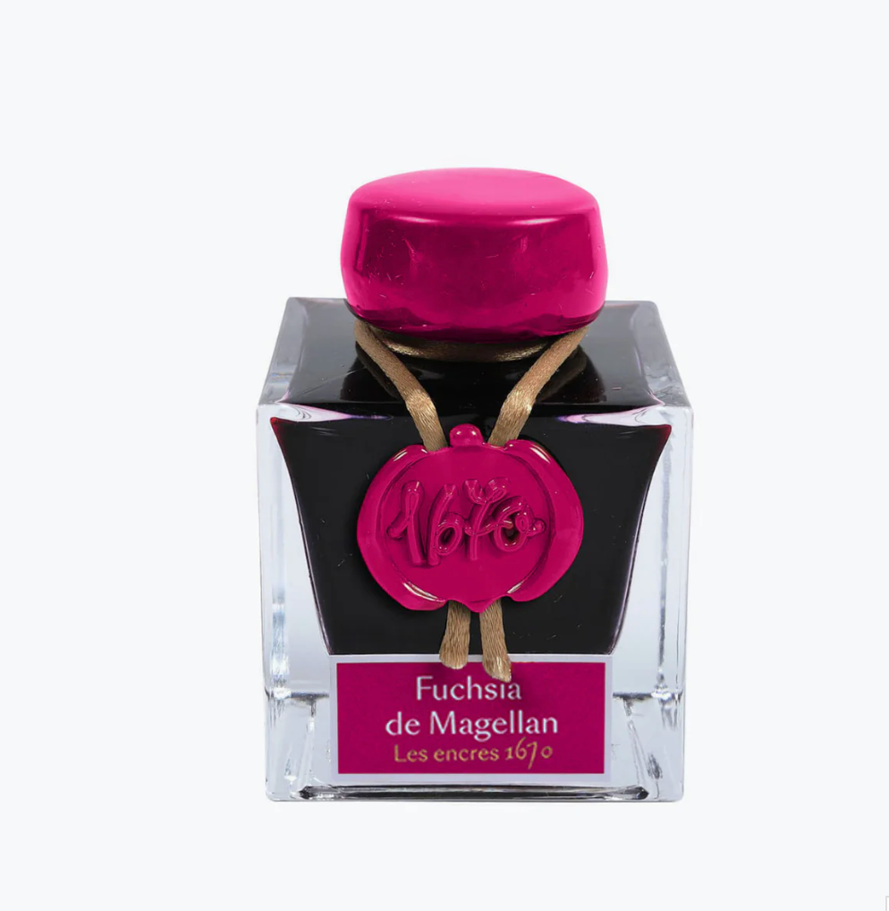 Ink bottle with pink cap and label on a white background