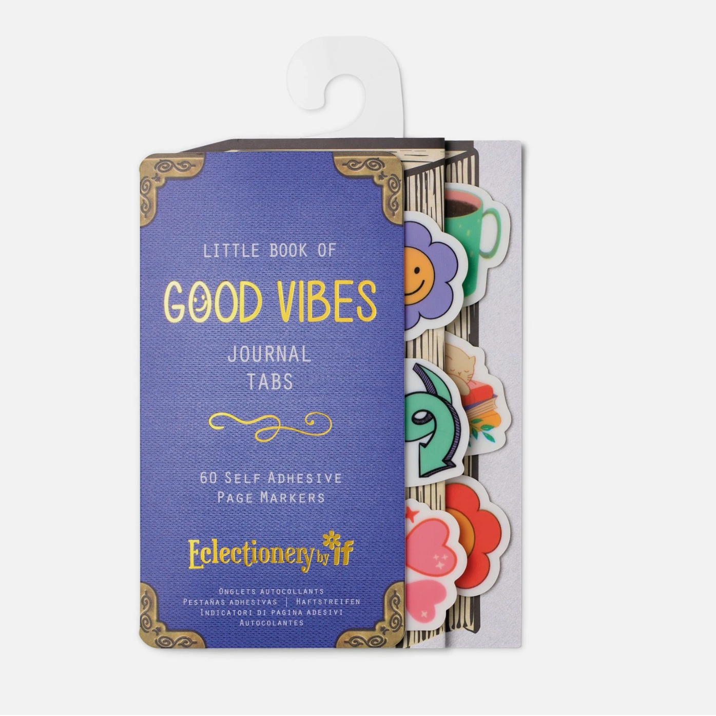 Packaging of 'Little Book of Good Vibes' journal tabs with colorful designs on a white background