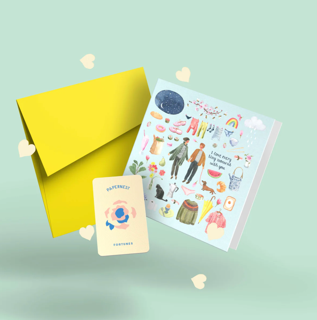 Set of greeting cards with illustrations on a light green background