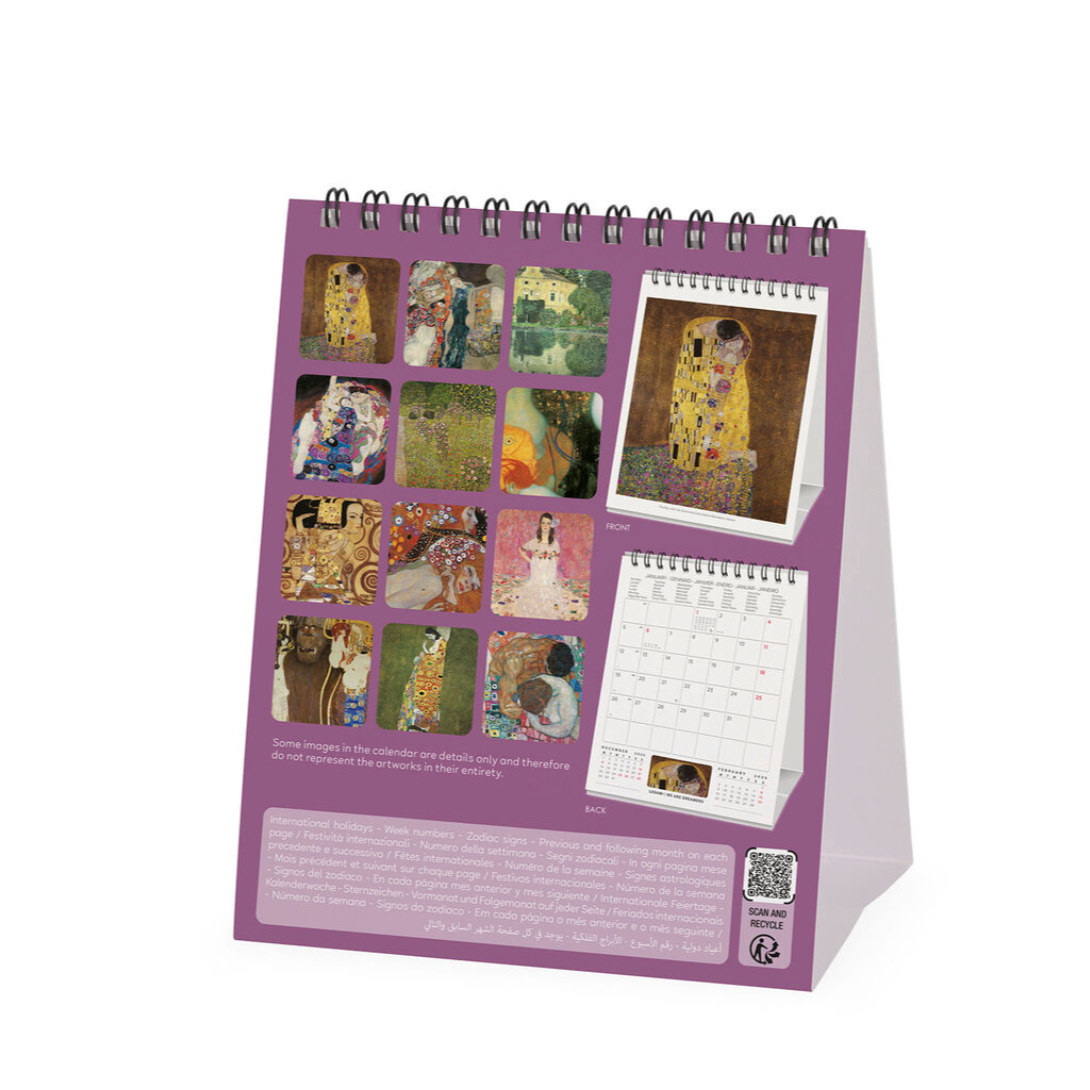 Desk calendar with Klimt art on a white background