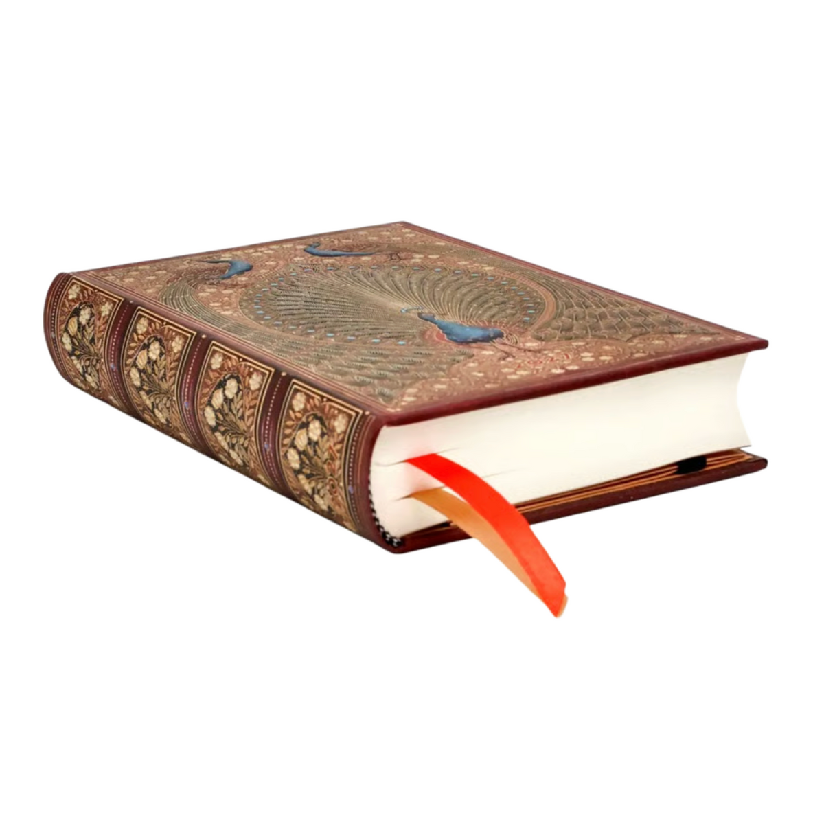 An antique-style plannerwith ornate gold and brown floral detailing on a reddish-brown cover, featuring white pages and a bright red ribbon bookmark, isolated on a white background.