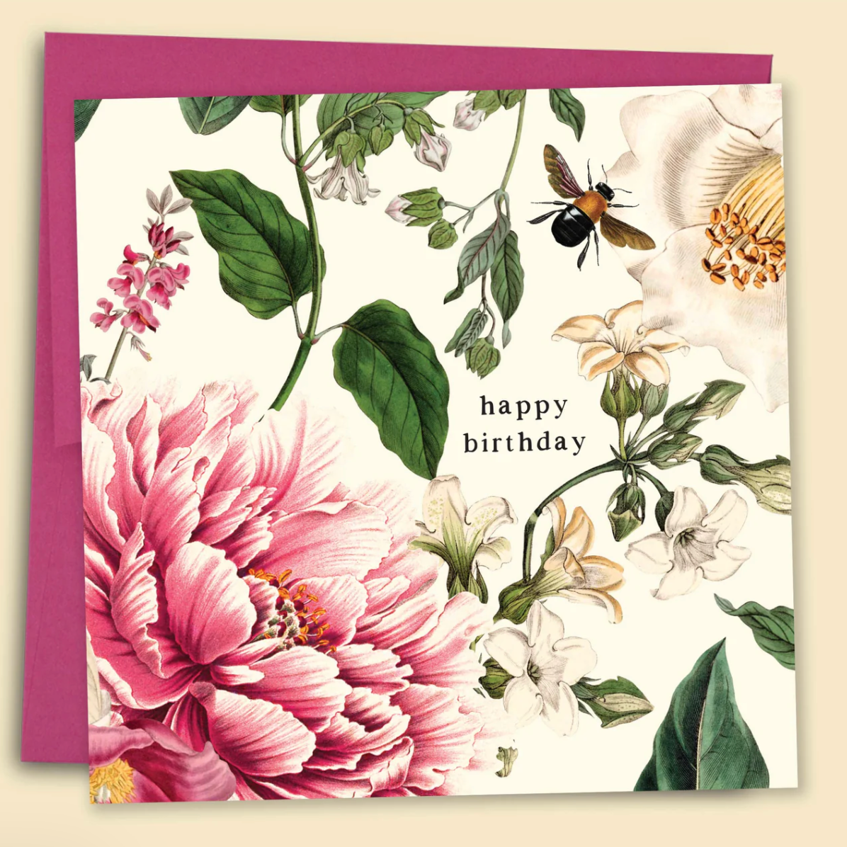 Floral birthday card with pink flowers and a bee, on a beige background
