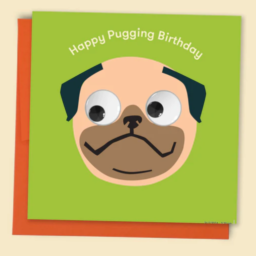 Happy Pugging Birthday card with a pug illustration on a beige background